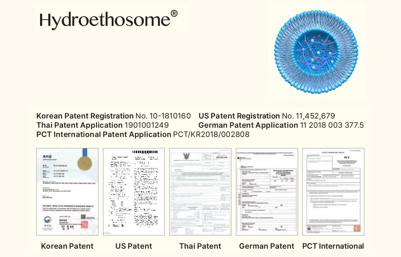 Schematic of the Hydroethosome® vesicle and the Korean, US, Thai, German and PCT patent documents. Korean (2017) and US